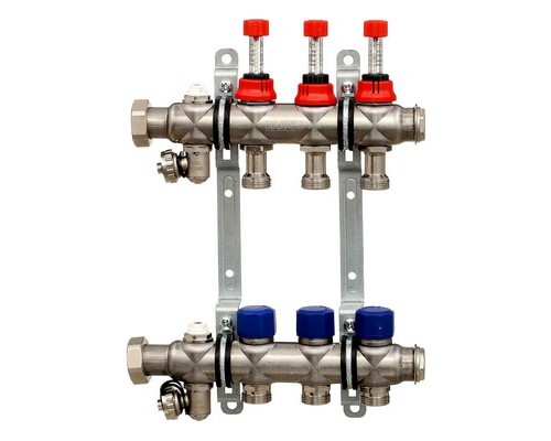 Коллекторная группа на 3 выхода НГ 1"х3/4" EK с вентилями и расходомерами Elsen нержавеющая сталь