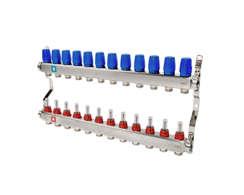 Коллекторная группа на 12 выходов ВР 1"х3/4" ЕК с расходомерами MVI нержавеющая сталь