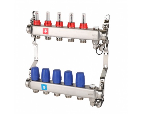 Коллекторная группа MVI диаметр 1, 5 отводов 3/4, с расходомерами, дренажным краном и воздухоотводчиком