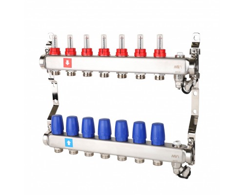 Коллекторная группа MVI диаметр 1, 7 отводов 3/4, с расходомерами, дренажным краном и воздухоотводчиком