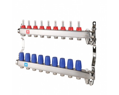 Коллекторная группа на 9 выходов ВР 1"х3/4" ЕК с расходомерами, дренажным краном и воздухоотводчиком MVI нержавеющая сталь