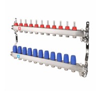 Коллекторная группа на 11 выходов ВР 1"х3/4" ЕК с расходомерами, дренажным краном и воздухоотводчиком MVI нержавеющая сталь