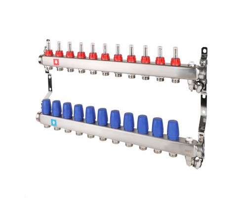 Коллекторная группа на 11 выходов ВР 1"х3/4" ЕК с расходомерами, дренажным краном и воздухоотводчиком MVI нержавеющая сталь