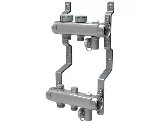 Коллекторная группа для отопления на 2 выхода 3/4" с кранами и воздухоотводчиками Royal Thermo нержавеющая сталь