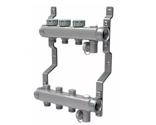 Коллекторная группа на 3 выхода ВР 1"х3/4" ЕК с кранами и воздухоотводчиками Royal Thermo нержавеющая сталь