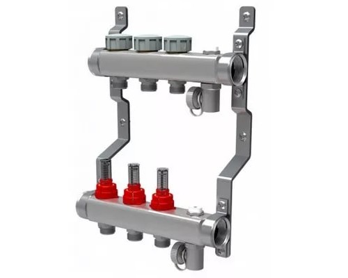 Коллекторная группа на 3 выхода ВР 1"х3/4" ЕК с расходомерами Royal Thermo нержавеющая сталь