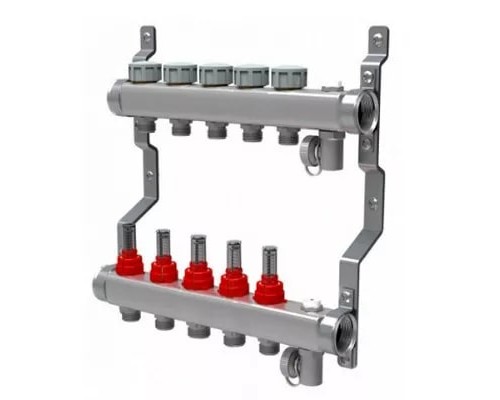 Коллекторная группа для тёплого пола на 5 выходов 3/4" с расходомерами Royal Thermo нержавеющая сталь