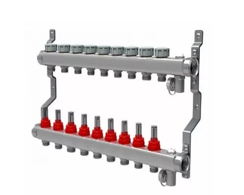 Коллекторная группа на 9 выходов ВР 1"х3/4" ЕК с расходомерами Royal Thermo нержавеющая сталь