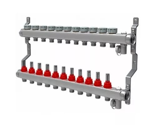 Коллекторная группа для тёплого пола на 11 выходов 3/4" с расходомерами Royal Thermo нержавеющая сталь