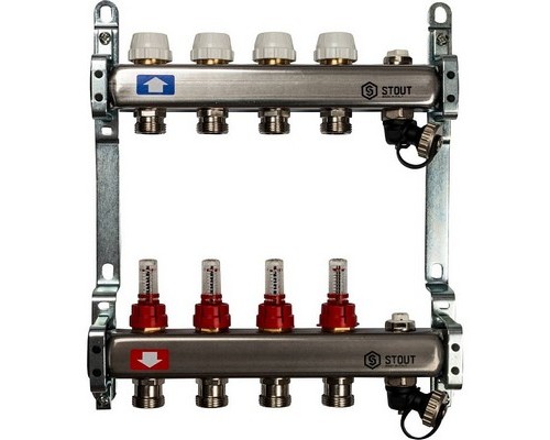 Коллекторная группа на 4 выхода SMS 0927 ВР 1"х3/4" ЕК с расходомерами с воздухоотводчиками и сливом Stout нержавеющая сталь