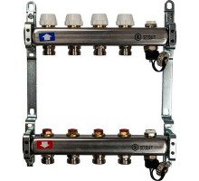 Коллекторная группа на 4 выхода SMS 0932 ВР 1"х3/4" ЕК с воздухоотводчиками и сливом Stout нержавеющая сталь