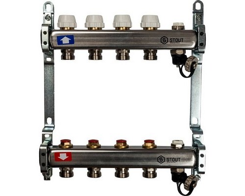 Коллекторная группа на 4 выхода SMS 0932 ВР 1"х3/4" ЕК с воздухоотводчиками и сливом Stout нержавеющая сталь