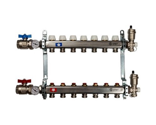 Коллекторная группа на 7 выходов SMS 0912 ВР 1"х3/4" ЕК с кранами и воздухоотводчиками Stout нержавеющая сталь