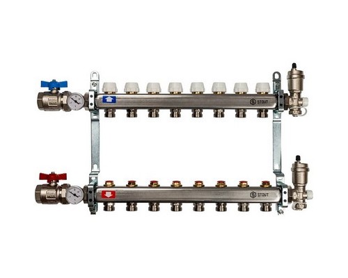 Коллекторная группа на 8 выходов SMS 0912 ВР 1"х3/4" ЕК с кранами и воздухоотводчиками Stout нержавеющая сталь