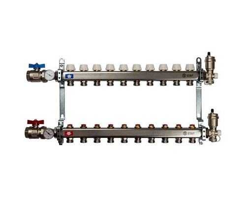 Коллекторная группа на 10 выходов SMS 0912 ВР 1"х3/4" ЕК с кранами и воздухоотводчиками Stout нержавеющая сталь