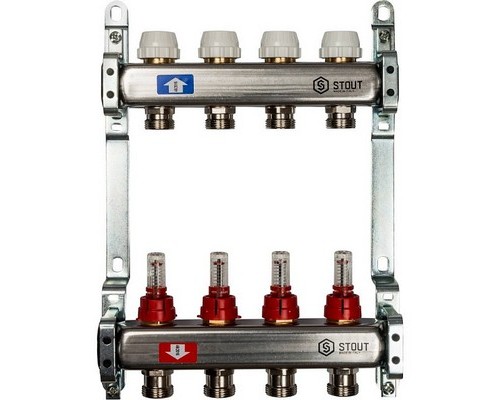 Коллекторная группа на 4 выхода SMS 0917 ВР 1"х3/4" ЕК с расходомерами Stout нержавеющая сталь
