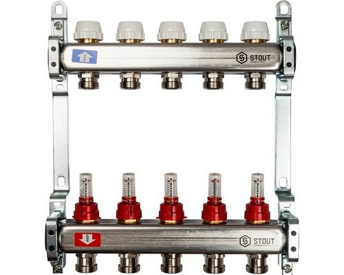 Коллекторная группа на 5 выходов SMS 0917 ВР 1"х3/4" ЕК с расходомерами Stout нержавеющая сталь