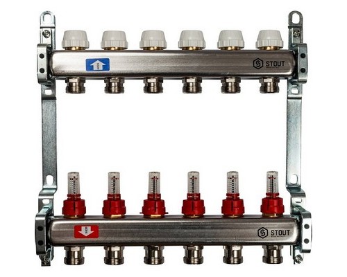 Коллекторная группа на 6 выходов SMS 0917 ВР 1"х3/4" ЕК с расходомерами Stout нержавеющая сталь