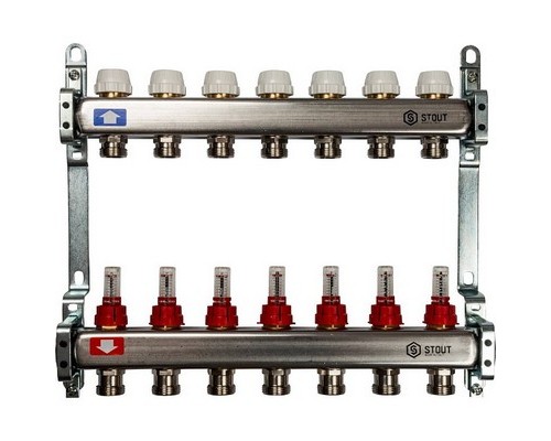 Коллекторная группа на 7 выходов SMS 0917 ВР 1"х3/4" ЕК с расходомерами Stout нержавеющая сталь