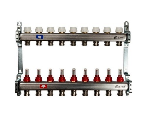 Коллекторная группа на 9 выходов SMS 0917 ВР 1"х3/4" ЕК с расходомерами Stout нержавеющая сталь