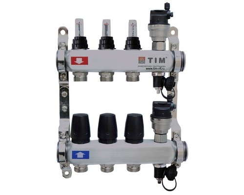 Коллекторная группа на 3 выхода ВР 1"х3/4" ЕК с расходомерами и воздухоотводчиками (квадрат) Tim нержавеющая сталь