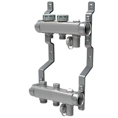 Коллекторная группа для отопления Royal Thermo на 2 выхода из нержавеющей стали с кранами и воздухоотводчиками RTE 51.102