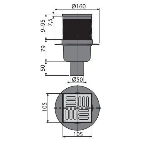 Трап-Сифон вертикальный Alcaplast Ø50 мм решётка 105х105 мм для тёплых полов APV32