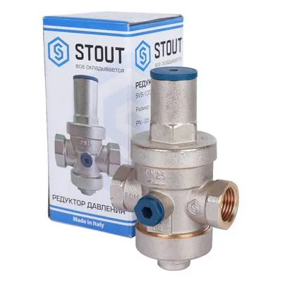 Регулятор давления воды ВВ 1/2" Ру=1-5,5 бар PN25 поршневой с отводом под манометр Никель Stout SVS-1008-000015