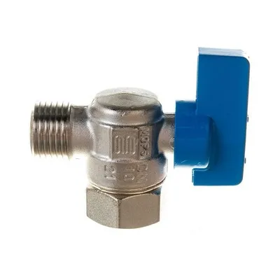Кран шаровой латунный НАР резьба-НГ угловой, ручка-флажок синяя, никель Elsen