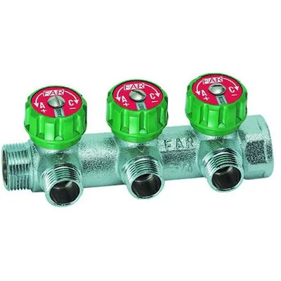 Коллектор FAR 3/4"х1/2" с регулирующими вентилями и вставкой под плоское уплотнение, Хром