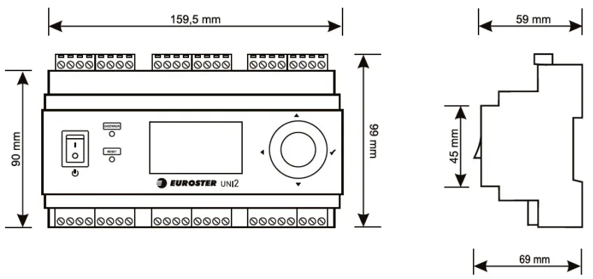 Контроллер отопления Euroster UNI2 погодозависимый для управления двумя контурами со смесительными клапанами, контуром загрузки и контуром рециркуляции бойлера в комплекте с датчиками EUNI2