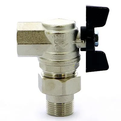 Кран шаровой латунный с американкой угловой, ручка-бабочка, усиленный, никель Bugatti Oregon