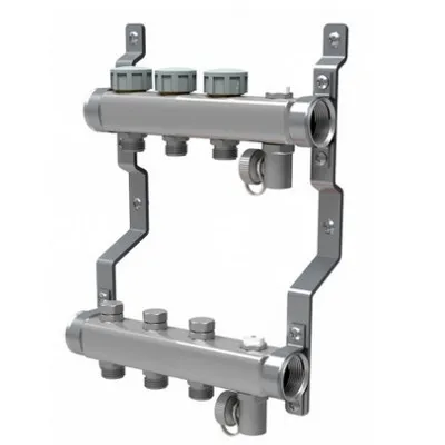 Коллекторная группа для отопления Royal Thermo на 3 выхода из нержавеющей стали с кранами и воздухоотводчиками RTE 51.103
