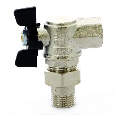 Кран шаровой латунный с американкой угловой, ручка-бабочка, усиленный, никель Bugatti Oregon