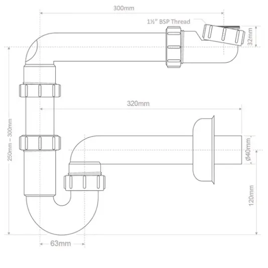 Сифон для раковины McAlpine 11/2"х40 P-образный без выпуска с отводной трубой 90° L=254 мм MRSK14-HCLI