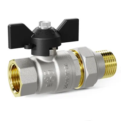 Кран шаровой латунный с американкой, ручка-бабочка чёрная, никель LD Pride