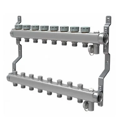 Коллекторная группа для отопления Royal Thermo на 8 выходов из нержавеющей стали с кранами и воздухоотводчиками RTE 51.108