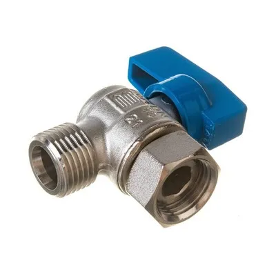 Кран шаровой латунный НАР резьба-НГ угловой, ручка-флажок синяя, никель Elsen