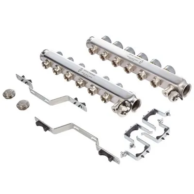 Коллекторная группа для отопления Royal Thermo на 8 выходов из нержавеющей стали с кранами и воздухоотводчиками RTE 51.108