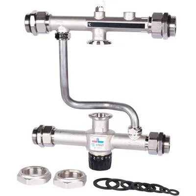 Смесительный узел для тёплого пола 30-60 °C (без насоса) с термостатическим клапаном Stout Никель SDG-0120-007000