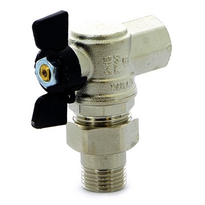 Кран шаровой латунный с американкой угловой, ручка-бабочка, усиленный, никель Bugatti Oregon