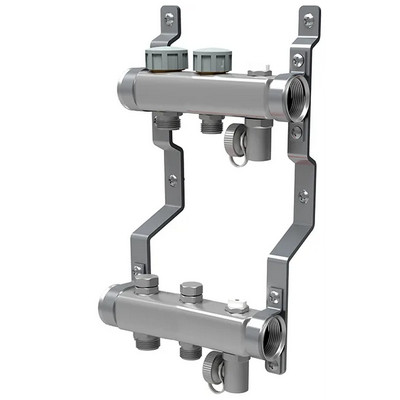 Коллекторная группа для отопления Royal Thermo на 2 выхода из нержавеющей стали с кранами и воздухоотводчиками RTE 51.102
