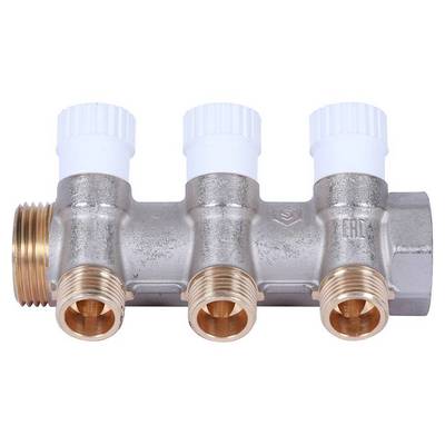 Коллектор Stout 1"х1/2" с запорными вентилями и плоским уплотнением, Никель