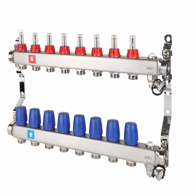 Коллекторная группа для тёплого пола MVI на 8 выходов из нержавеющей стали с расходомерами MS.708.06