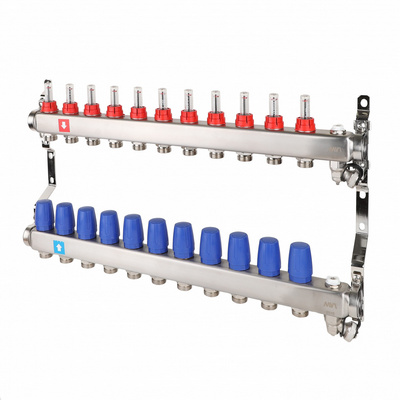 Коллекторная группа для тёплого пола MVI на 11 выходов из нержавеющей стали с расходомерами MS.711.06