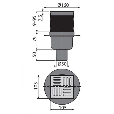 Трап-Сифон вертикальный Alcaplast Ø50 мм решётка 105х105 мм для тёплых полов APV32