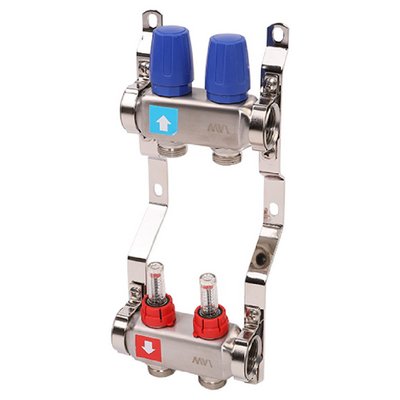 Коллекторная группа для тёплого пола MVI на 2 выхода из нержавеющей стали с расходомерами MS.502.06