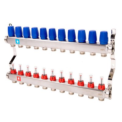 Коллекторная группа для тёплого пола MVI на 11 выходов из нержавеющей стали с расходомерами MS.511.06