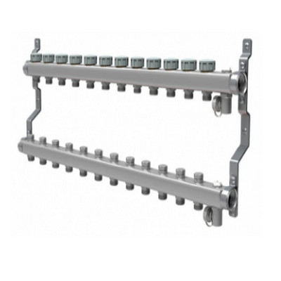 Коллекторная группа для отопления Royal Thermo на 12 выходов из нержавеющей стали с кранами и воздухоотводчиками RTE 51.112