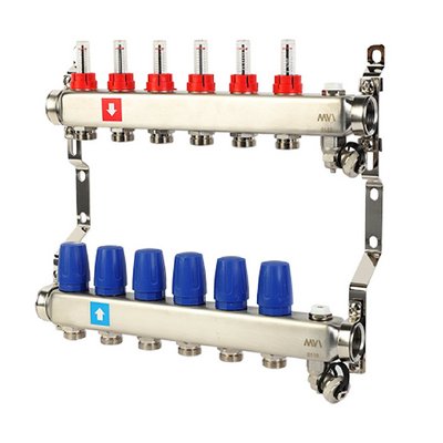 Коллекторная группа для тёплого пола MVI на 6 выходов из нержавеющей стали с расходомерами MS.706.06
